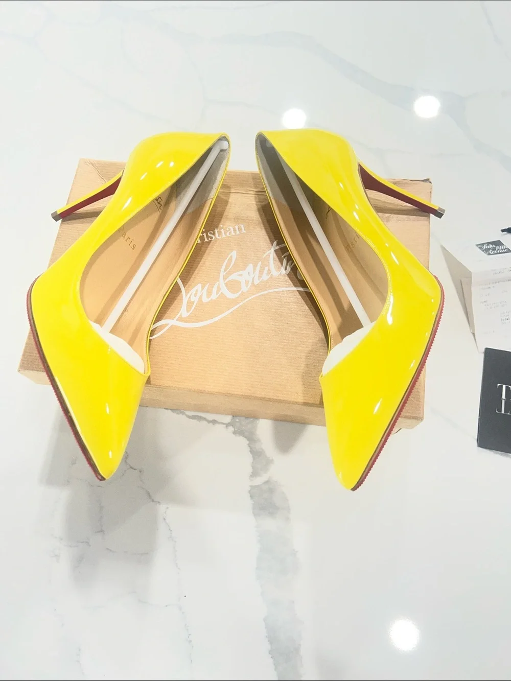 Christian Louboutin Yellow Patent Pointed Toe Pumps - Picture 8 of 16